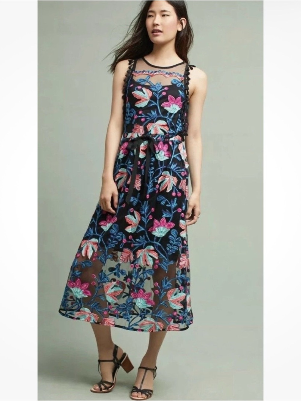 NWT Eva Franco Floral Embroidered Black Midi Dress - Size: 6P